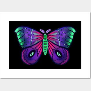 Neon Green Blue Pink Moth Posters and Art